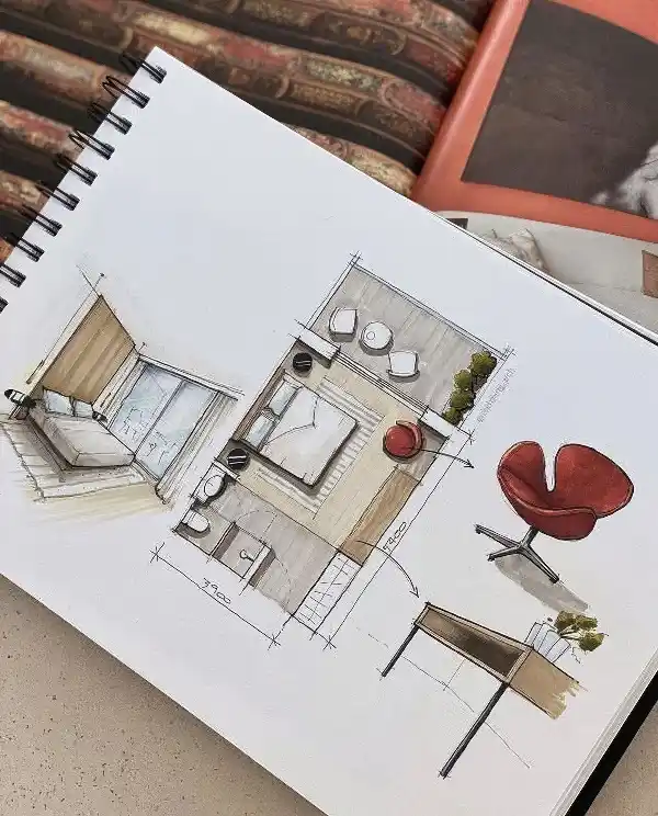 Interior designer sketching architectural plans for a Mallorca home, highlighting the importance of spatial awareness.