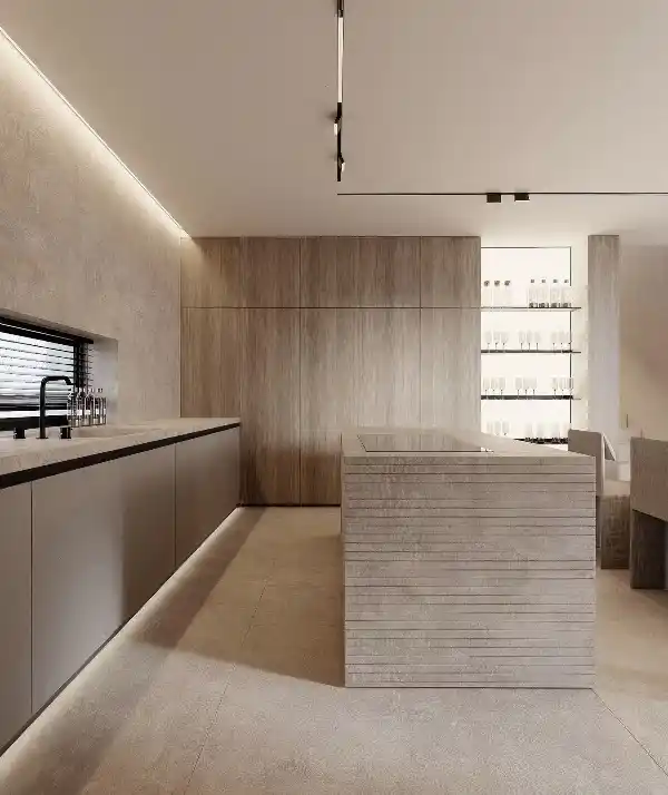 A modern contemporary kitchen with clean lines, geometric shapes, and exposed wood accents.