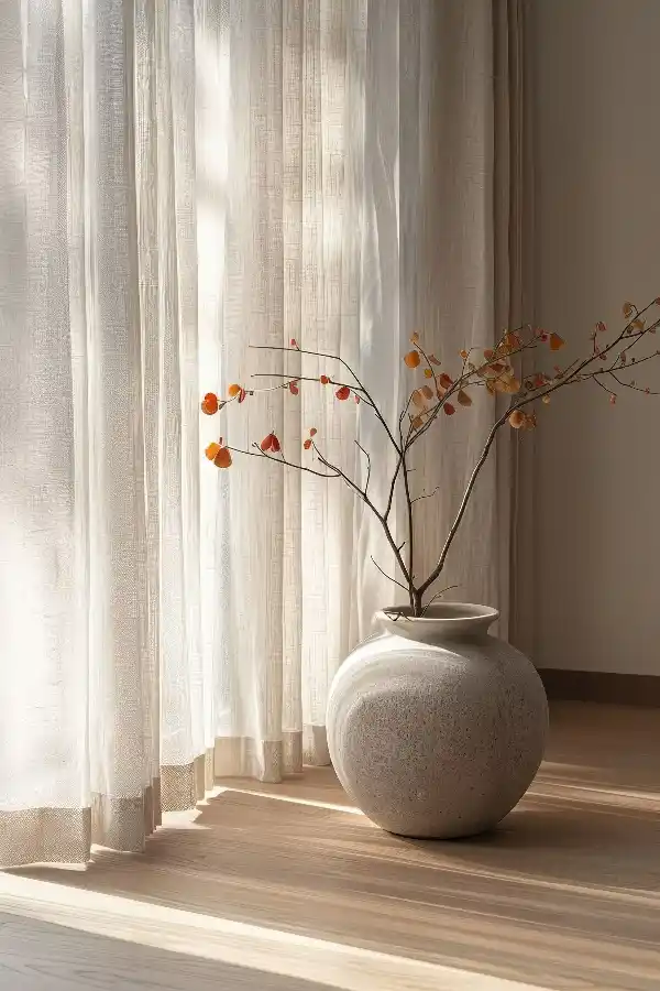 Modern Mallorca living room featuring floor-length "float" curtains, creating a minimalist and contemporary look.