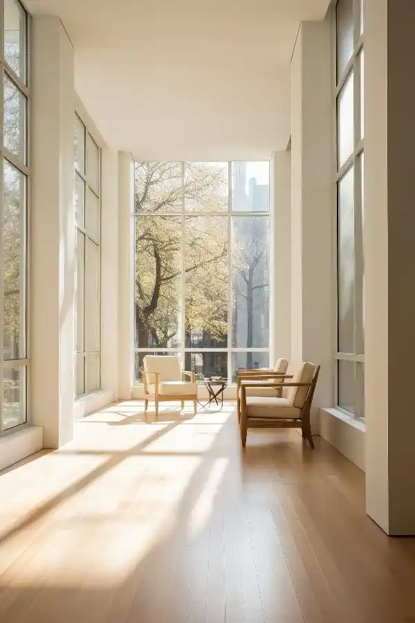 Light rays coming through the windows in a reading nook, demonstrating how light affects color perception.