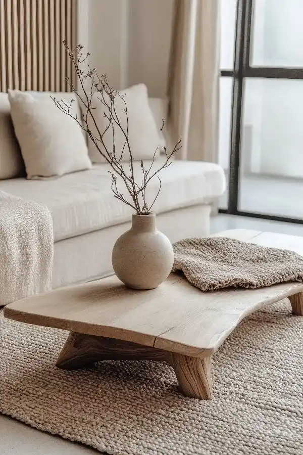 A curated selection of Japandi accessories: a handwoven Japanese tapestry, ceramic vases and natural wood coffee table with subtle earthy tones.