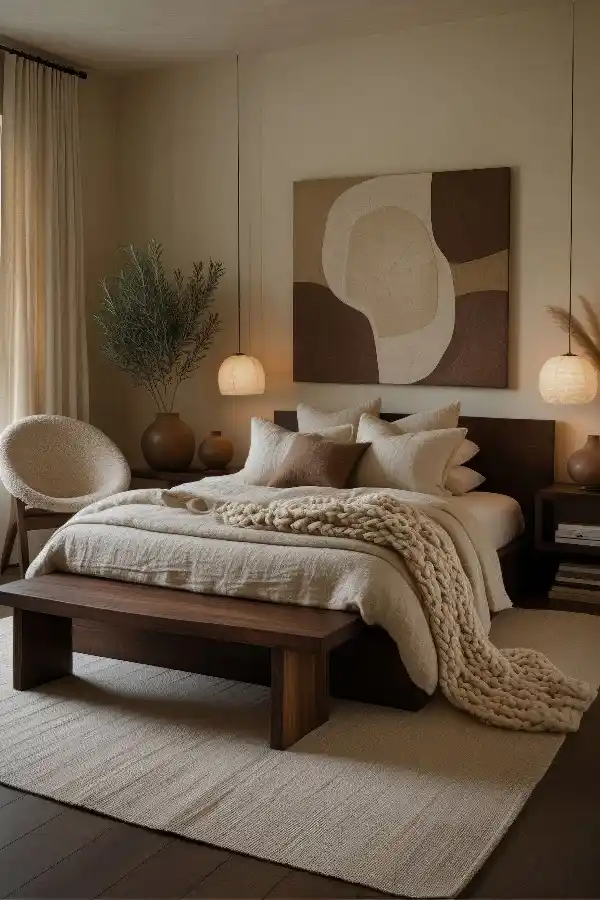 A serene bedroom showcasing a Japandi color palette with soft neutrals, natural wood accents, and pops of muted green against the backdrop of a Mallorcan sunset.