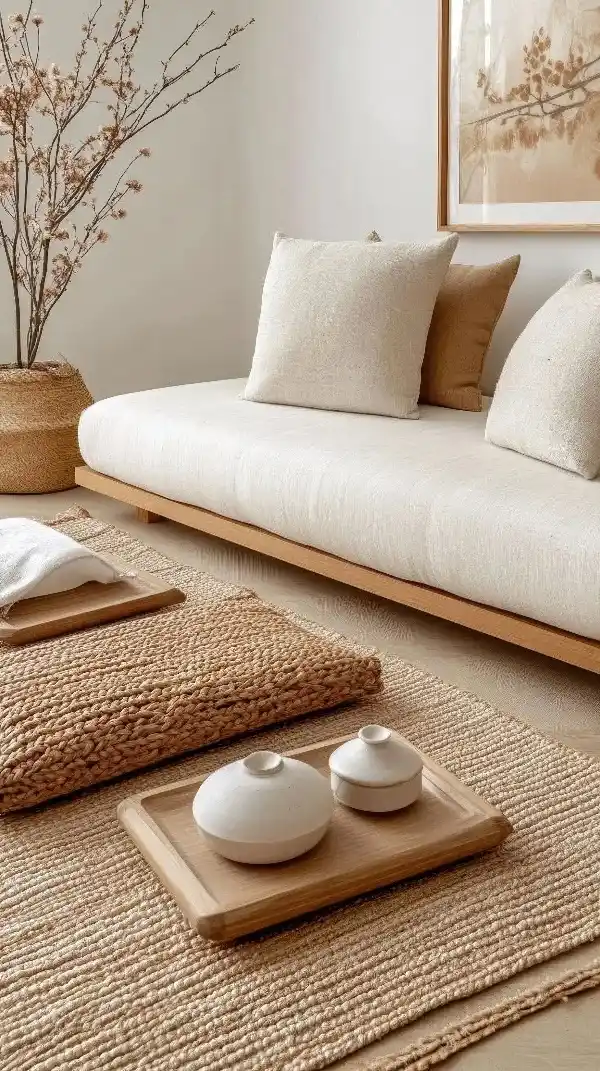 A living room showcasing key elements of Japandi design: clean lines, natural textures, and a blend of Scandinavian and Japanese aesthetics.