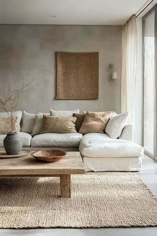 A tranquil Japandi living room with light wood furniture, neutral tones, and a focus on natural textures.