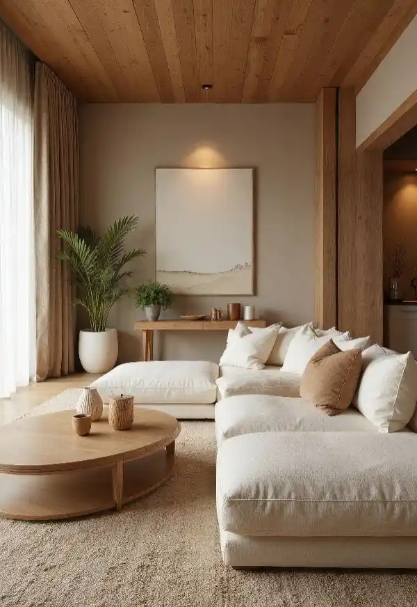 A serene Japandi-style living room bathed in natural light, showcasing clean lines and minimalist furniture.