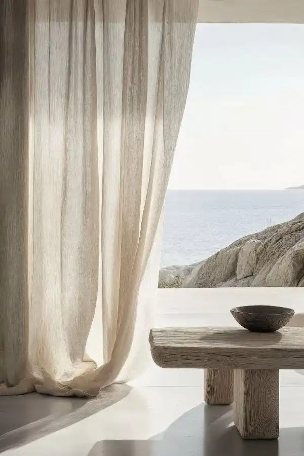 Beautiful Mallorca home with stylish curtains framing a stunning view through large windows.