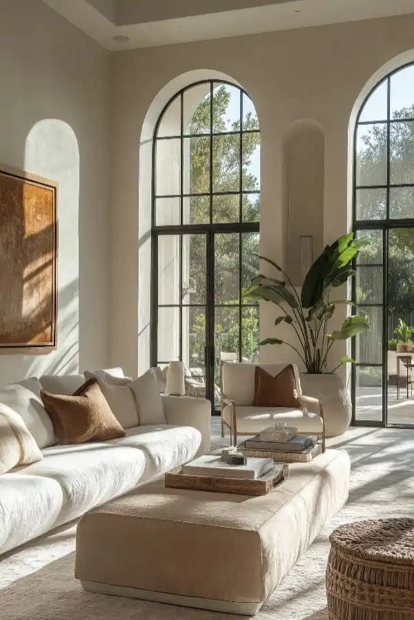 A stylish and contemporary living room in a Mallorcan villa, showcasing modern architecture and interior design.