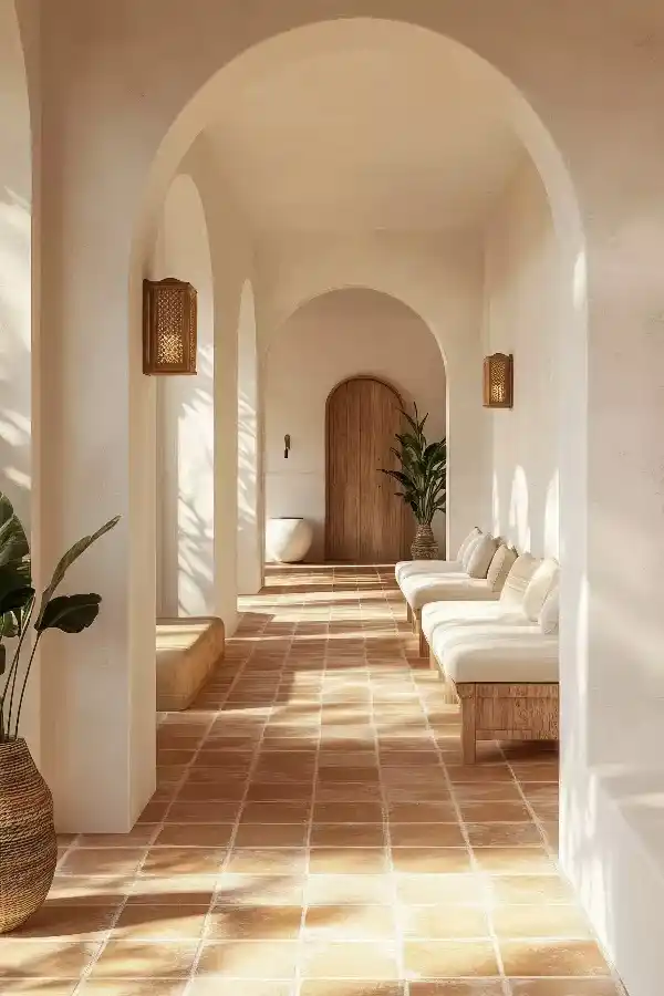 A cozy Mediterranean-style corridor with warm terracotta tile flooring, reflecting the island's rustic charm.