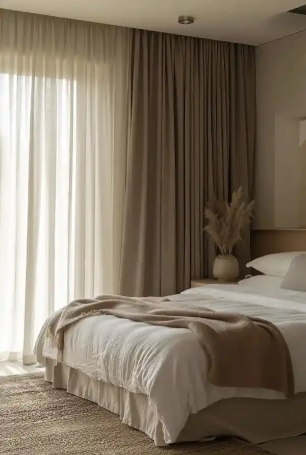 Curtains hung wider than the window frame in a Mallorca living room, creating a sense of spaciousness.